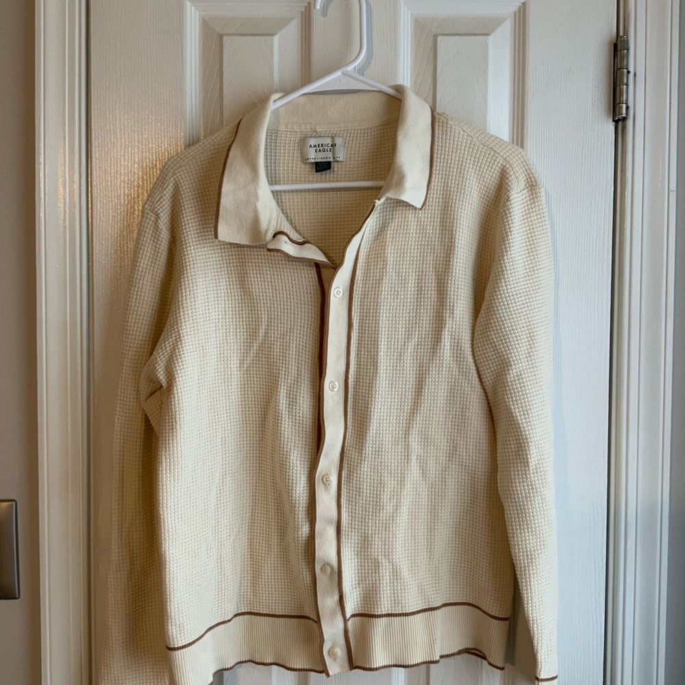 American Eagle Outfitters Cream Cardigan with Brown Trim